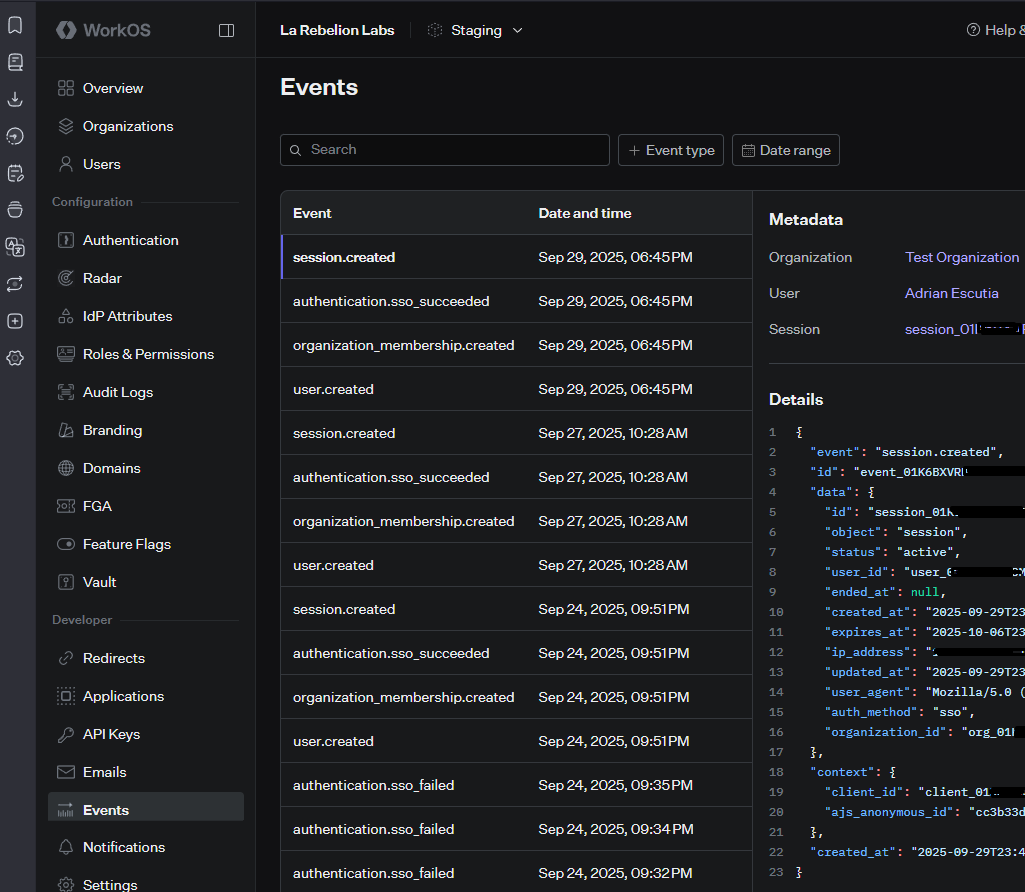 WorkOS Dashboard Events